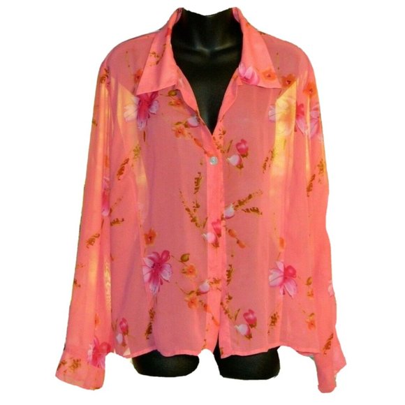 2 for/$25 Mary McFadden Sheer Floral Salmon Colored Blouse Plus Size 18W - Picture 2 of 9